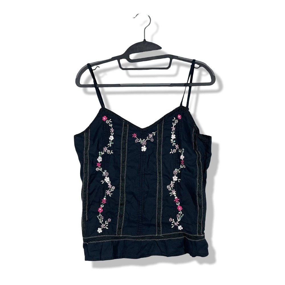 Raviya Embroidered Cami Tank Top Women Small Black Boho Cottagecore Y2K Floral